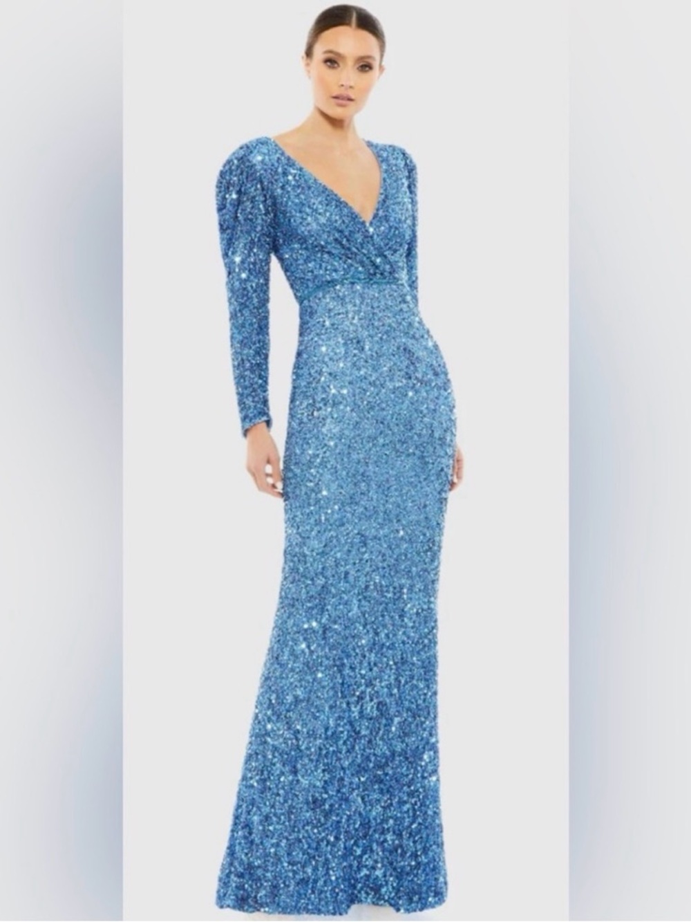 Mac Duggal Blue Sequin Long Sleeve V-Neck Gown - Picture 3 of 8